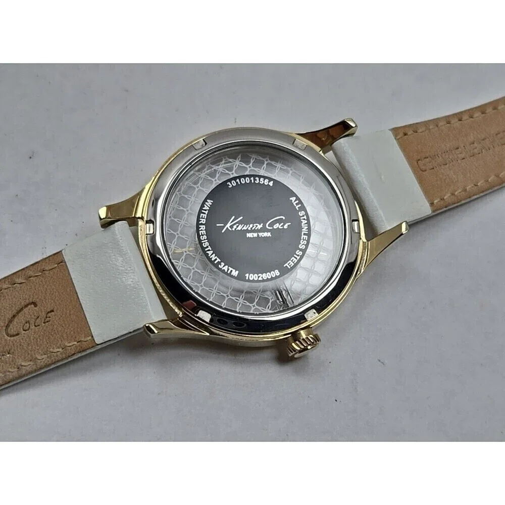 Kenneth Cole New York Lattice Dial Gold Womens Watches White Leather New Battery